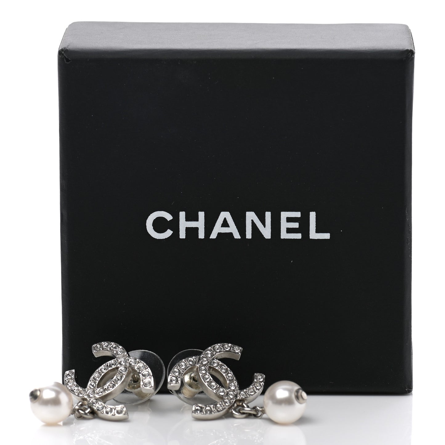 Crystal Pearl CC Drop Earrings Silver Pearly White