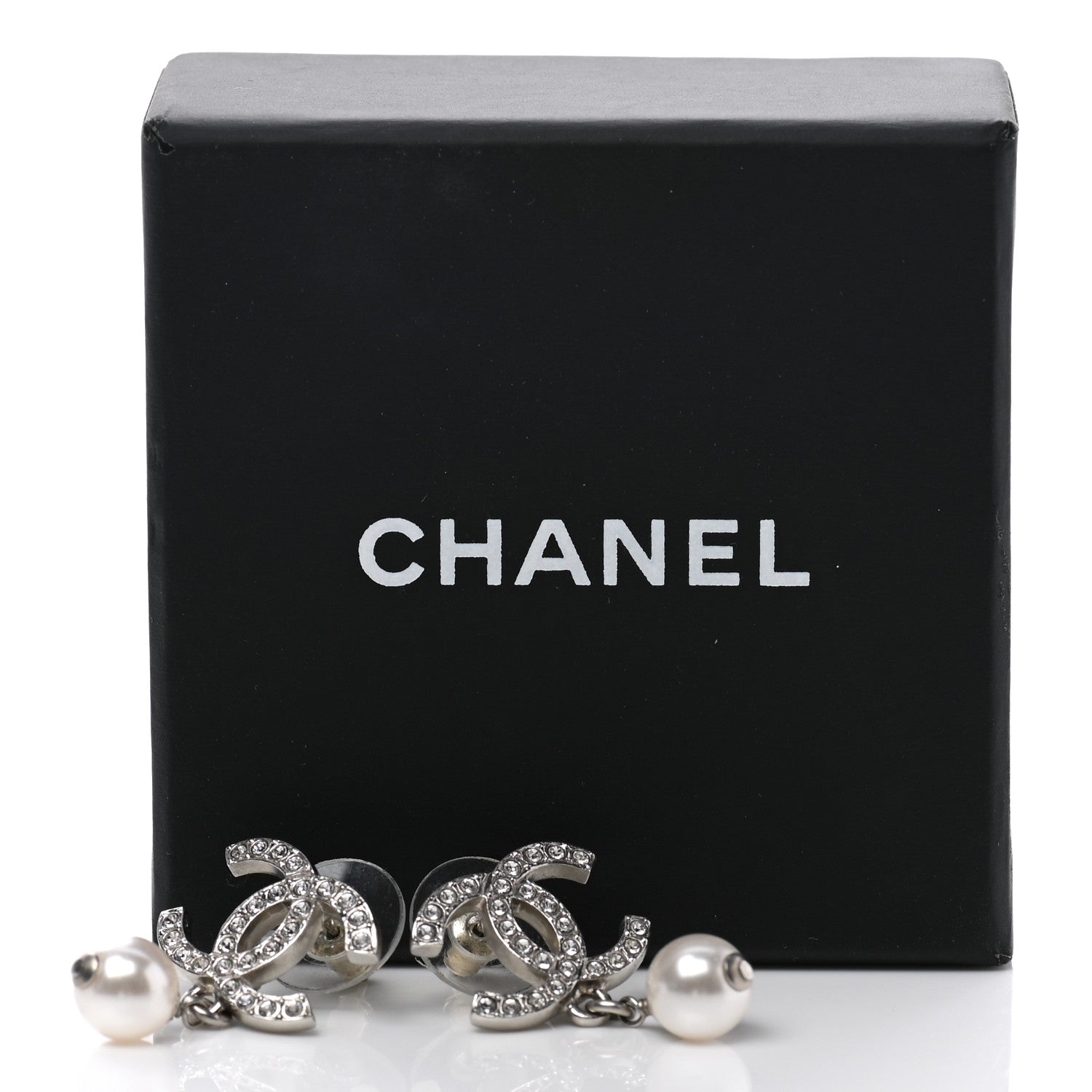 Chanel Crystal Pearl CC Drop Earrings Silver Pearly White 5 of 5
