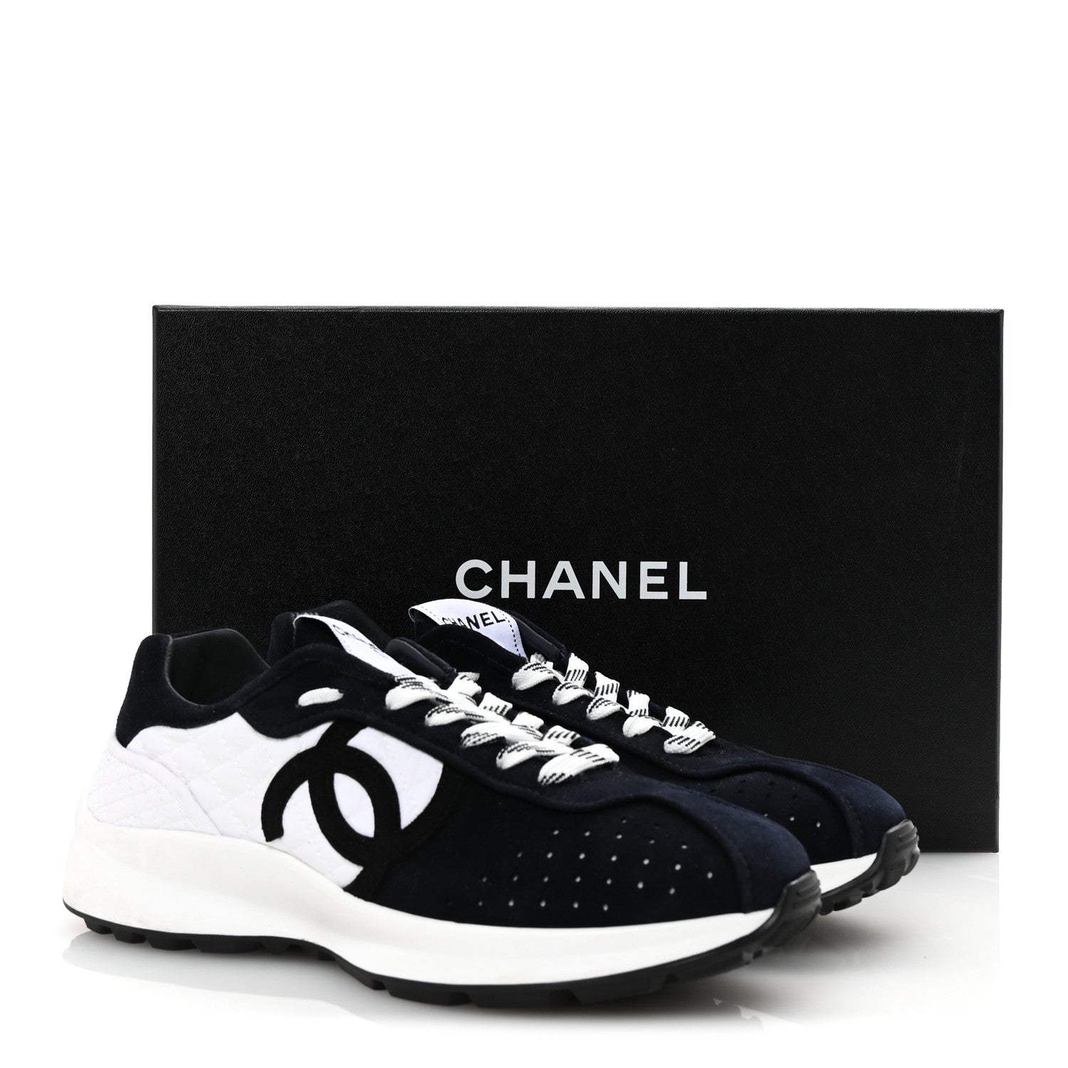 Chanel Fabric Suede Kidskin CC Sneakers 39 Dark Navy White 10 of 10