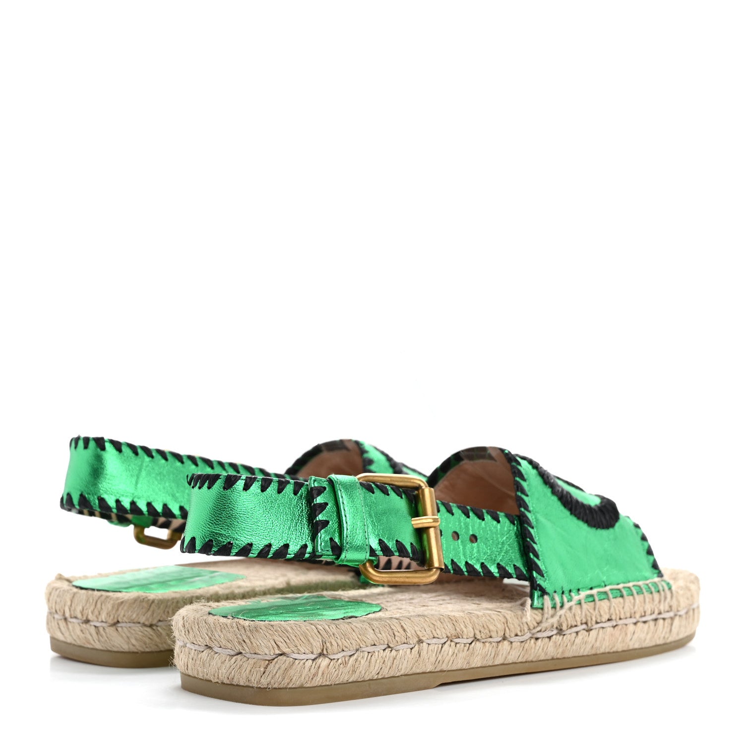 Gucci Metallic Nappa Embroidered Double G Espadrille Slingback Sandals 35 Green 5 of 17