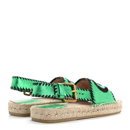 Gucci Metallic Nappa Embroidered Double G Espadrille Slingback Sandals 35 Green 5 of 17