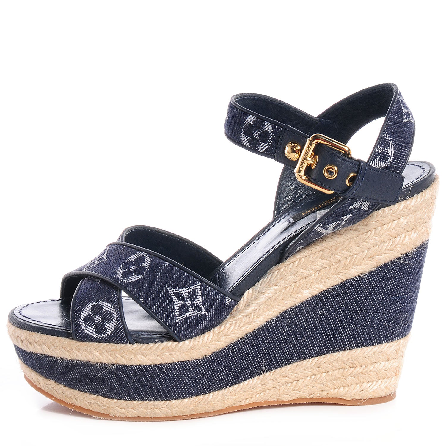 Louis Vuitton Monogram Denim Formentera Wedge Pumps 8.5 Grand Blue 1 of 9