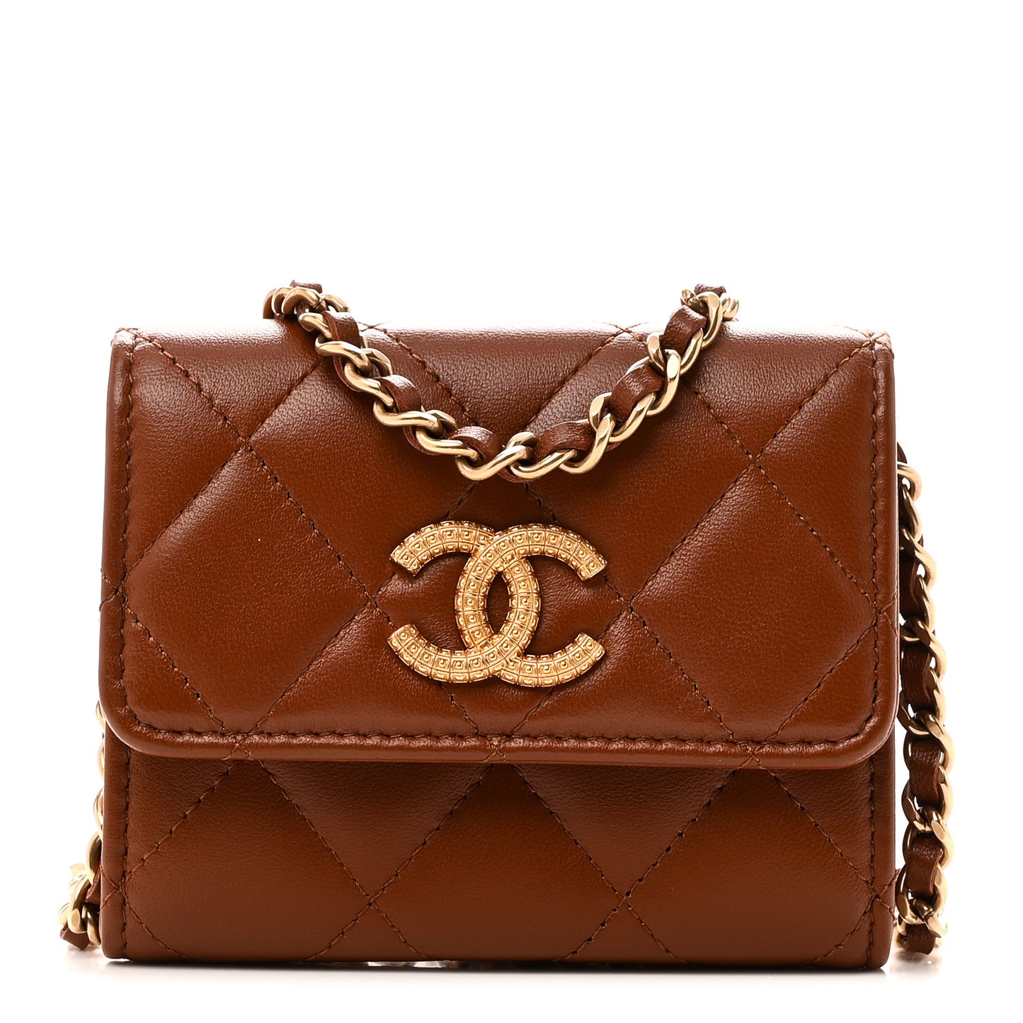 Lambskin Quilted Studded CC Clutch With Chain Brown