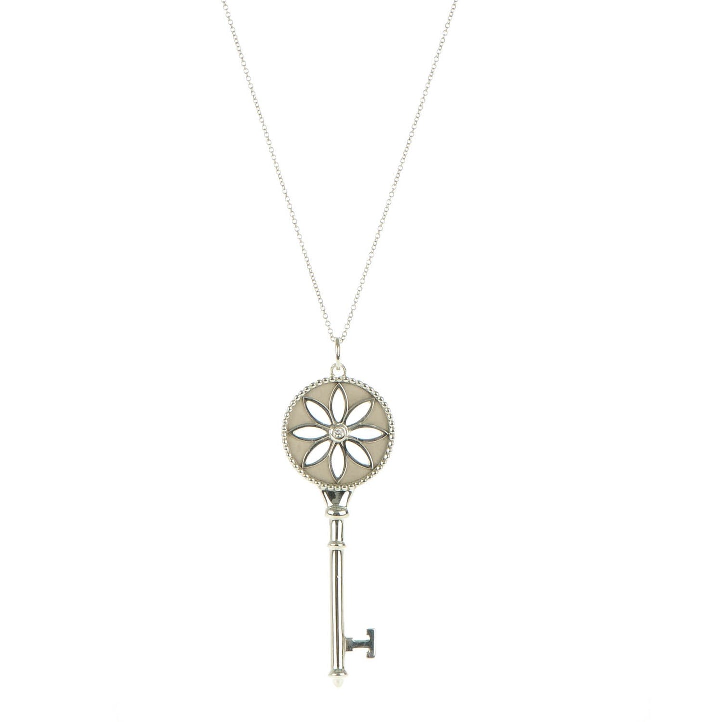 Sterling Silver Diamond Large Daisy Key Pendant Necklace