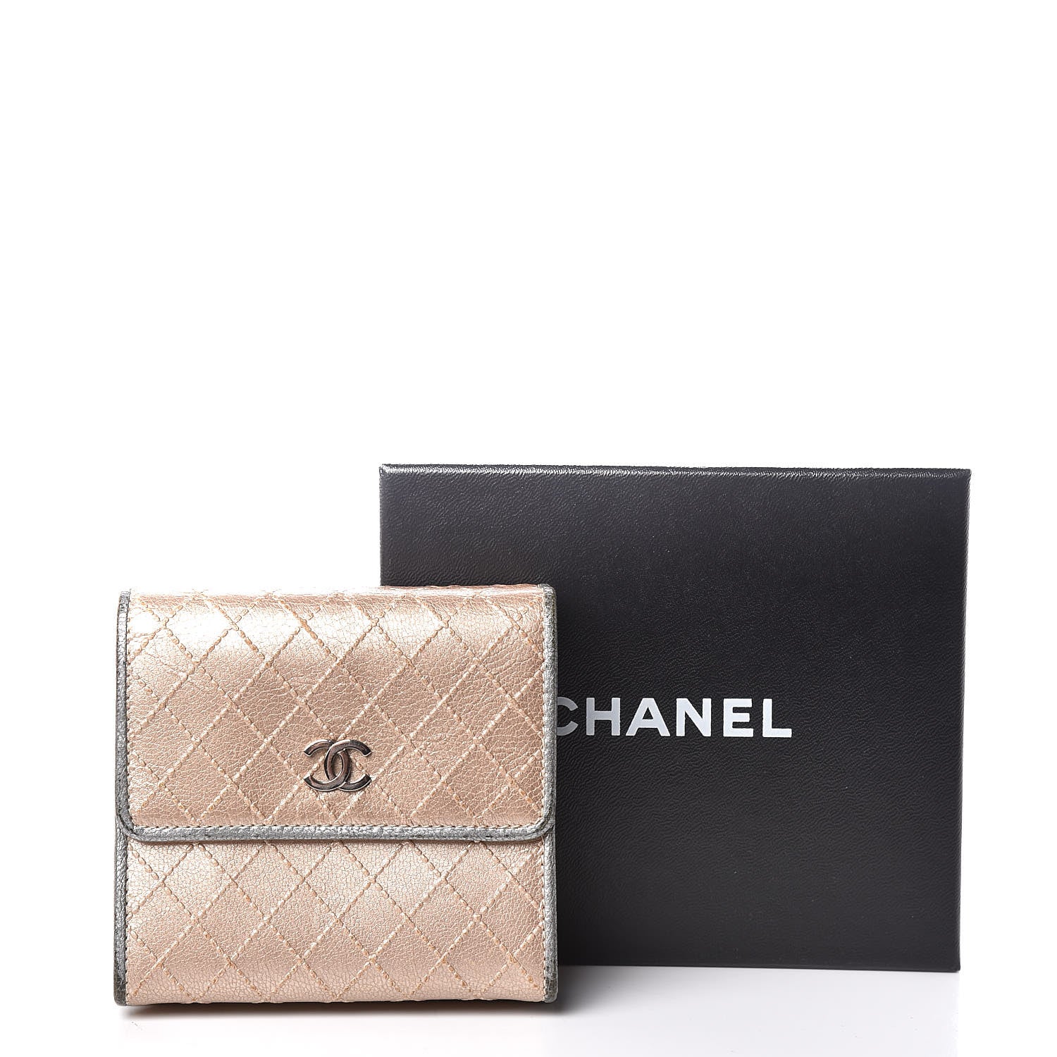Chanel Metallic Calfskin Diamond Stitched Card Holder Wallet Gold Silver 19 of 19