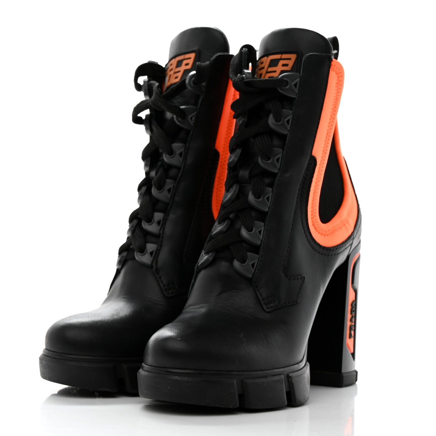 Prada Vitello Montana Neoprene Lace Up Chelsea 110mm Ankle Boots 36 Black Arancio 3 of 8