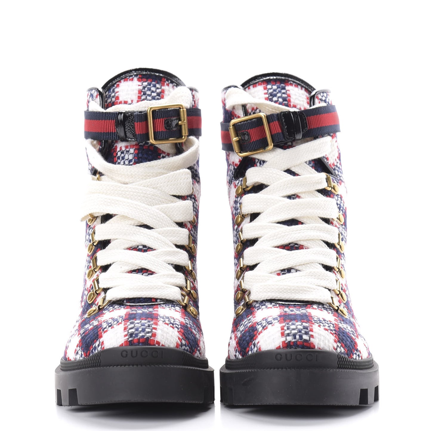 Vintage Tweed Check Lace Up Combat Ankle Boots 40 White Hibiscus Red Marine