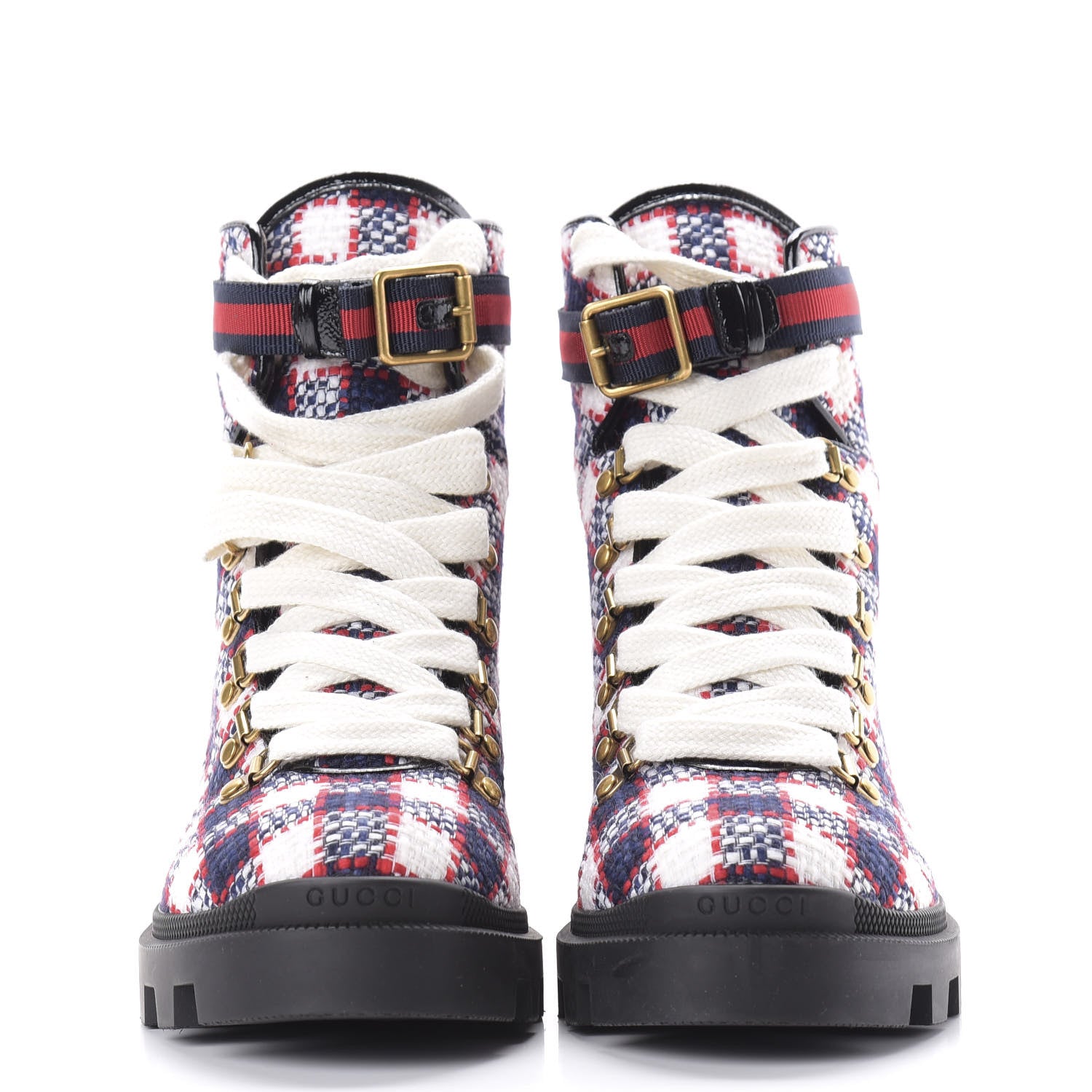 Gucci Vintage Tweed Check Lace Up Combat Ankle Boots 40 White Hibiscus Red Marine 2 of 10