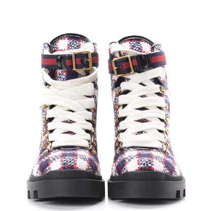 Gucci Vintage Tweed Check Lace Up Combat Ankle Boots 40 White Hibiscus Red Marine 2 of 10
