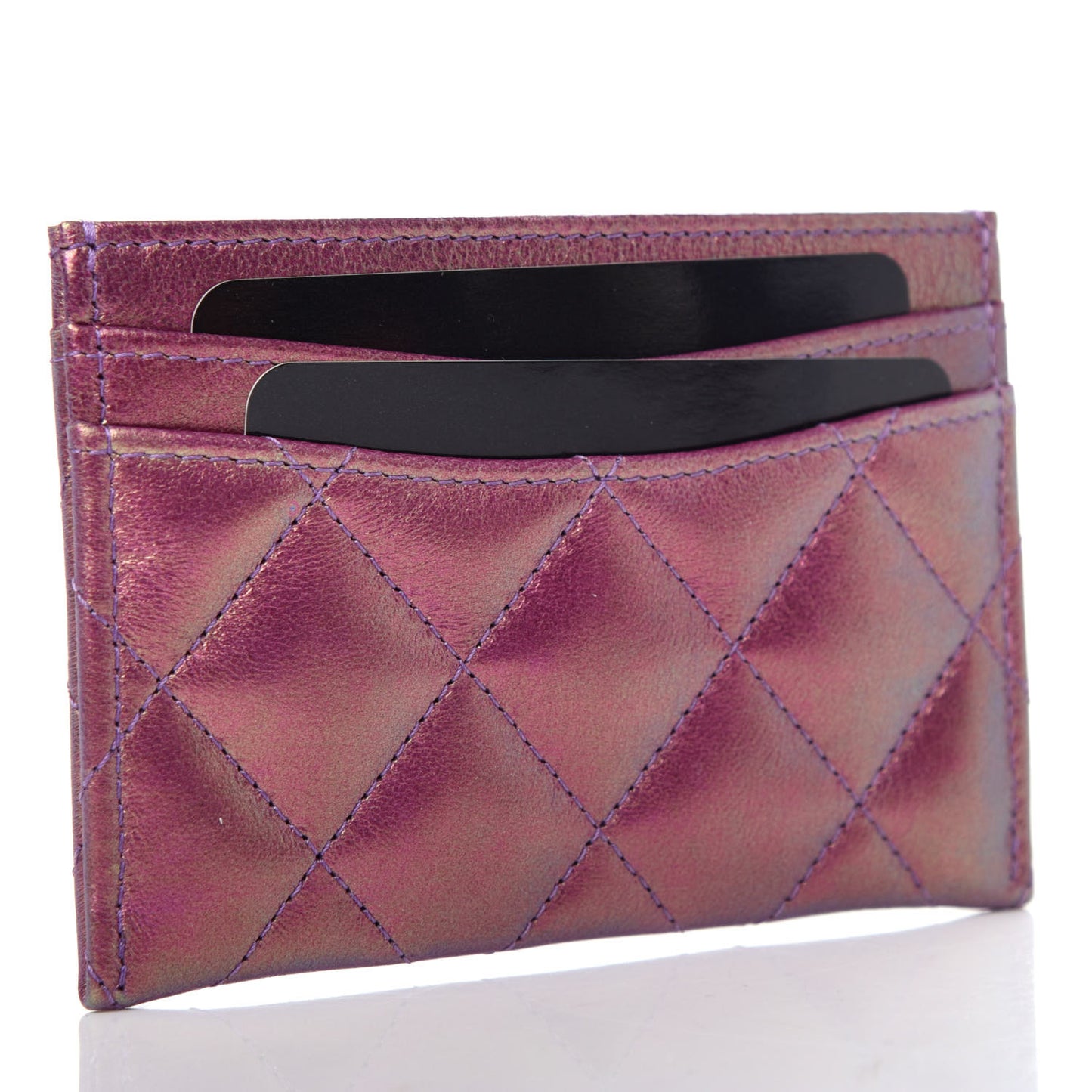 Iridescent Lambskin Quilted Card Holder Purple