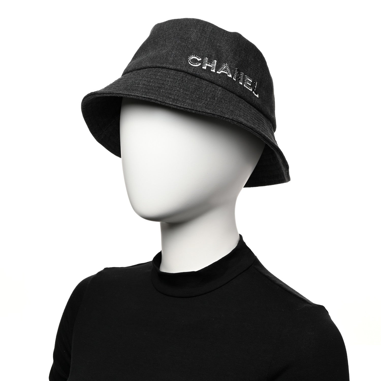 Chanel Denim Sequin Cloche Logo Bucket Hat M Black 2 of 8