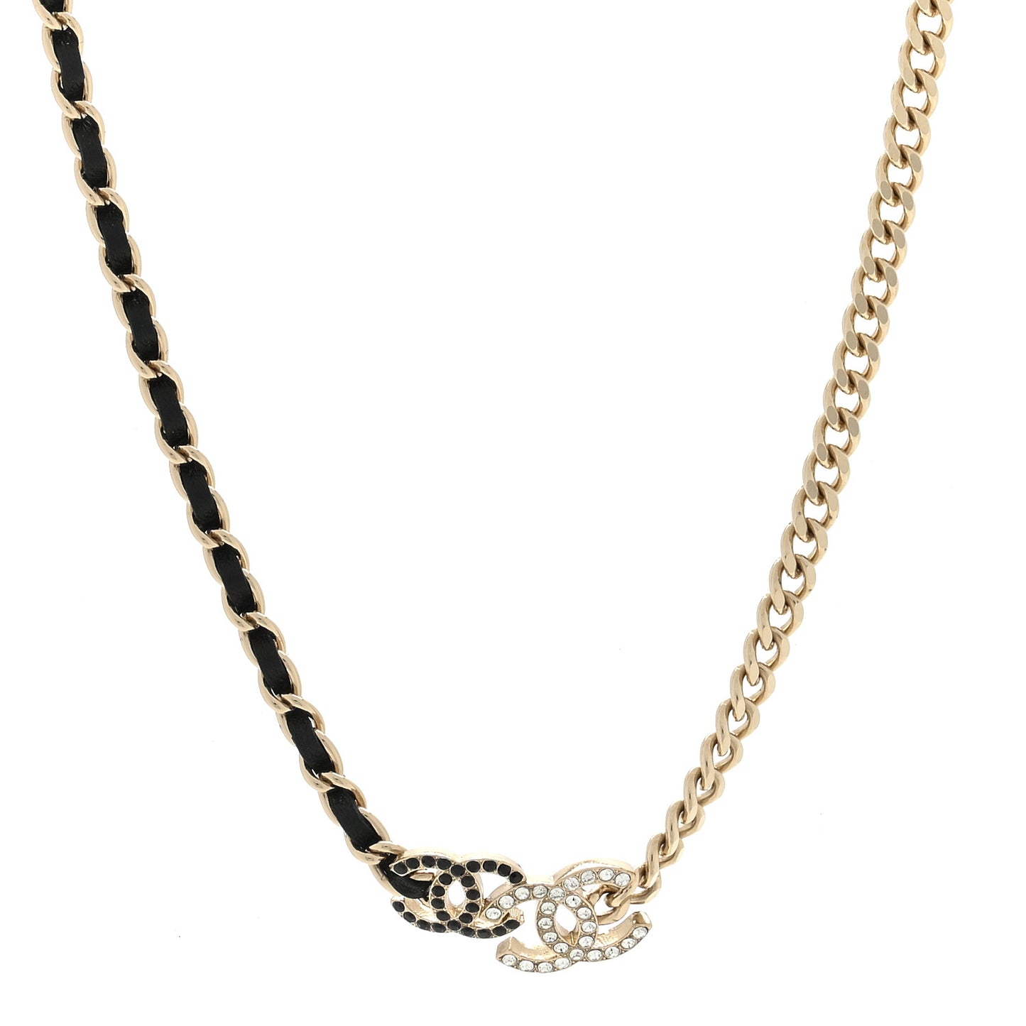 Metal Calfskin Crystal Double CC Short Necklace Black Gold