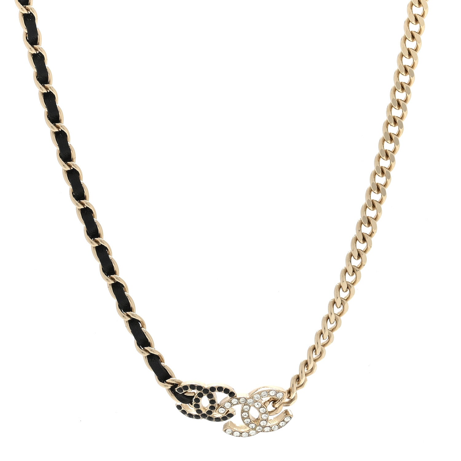 Chanel Metal Calfskin Crystal Double CC Short Necklace Black Gold 1 of 3