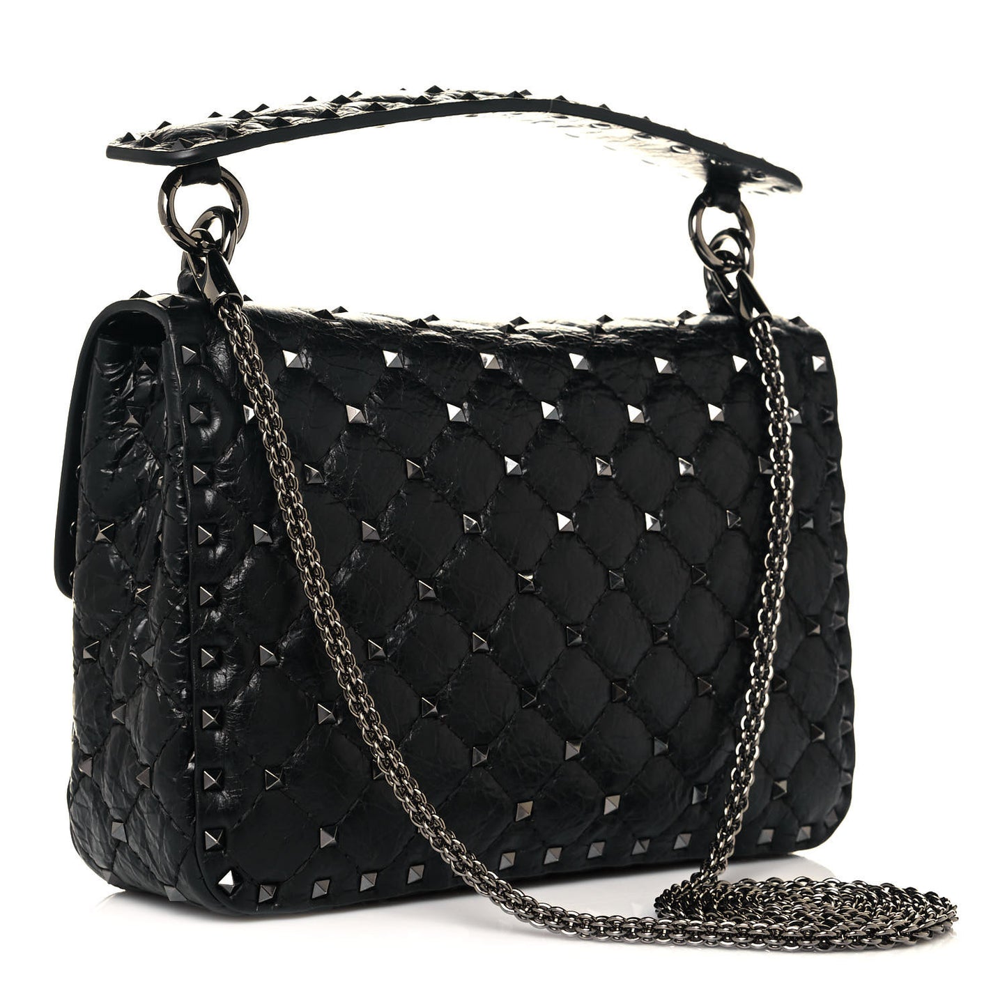Craquele Nappa Medium Rockstud Spike Shoulder Bag Black