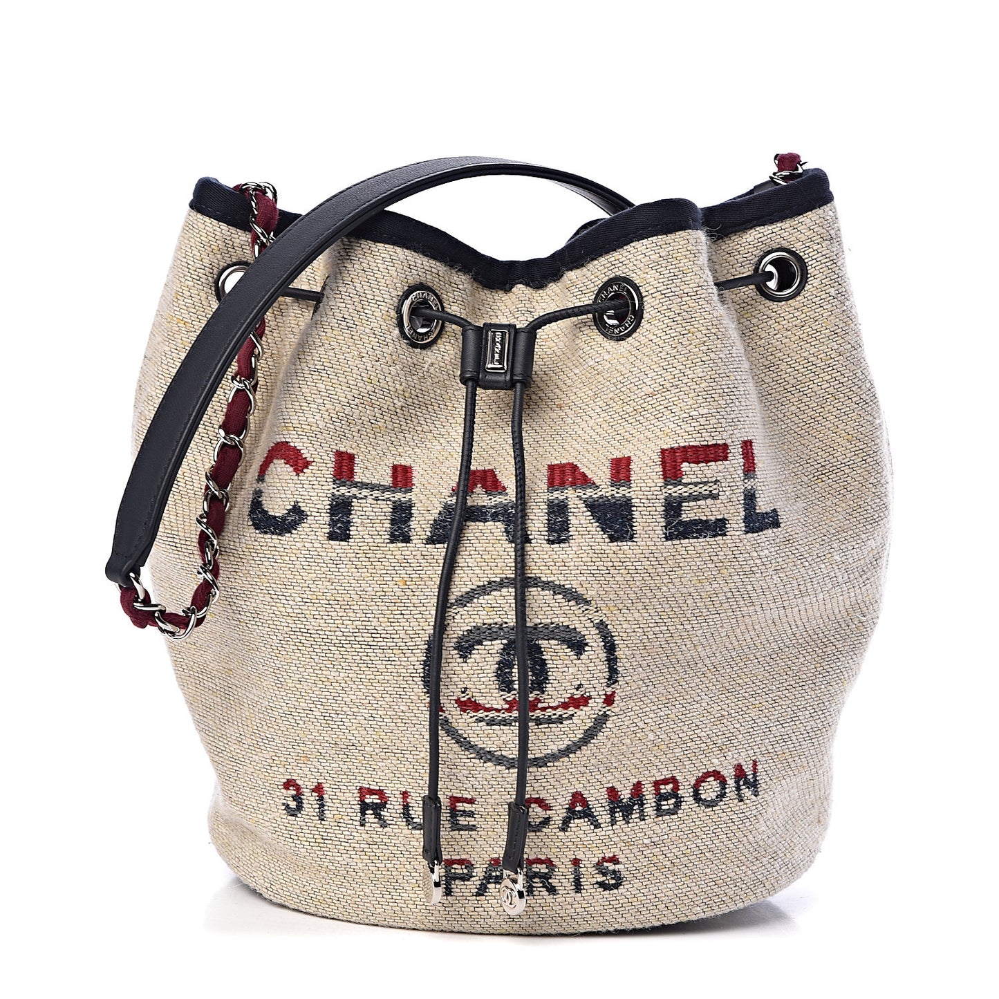 Striped Canvas Deauville Drawstring Bag Beige