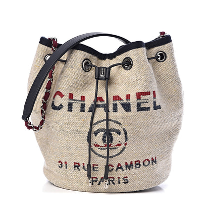 Chanel Striped Canvas Deauville Drawstring Bag Beige 1 of 12