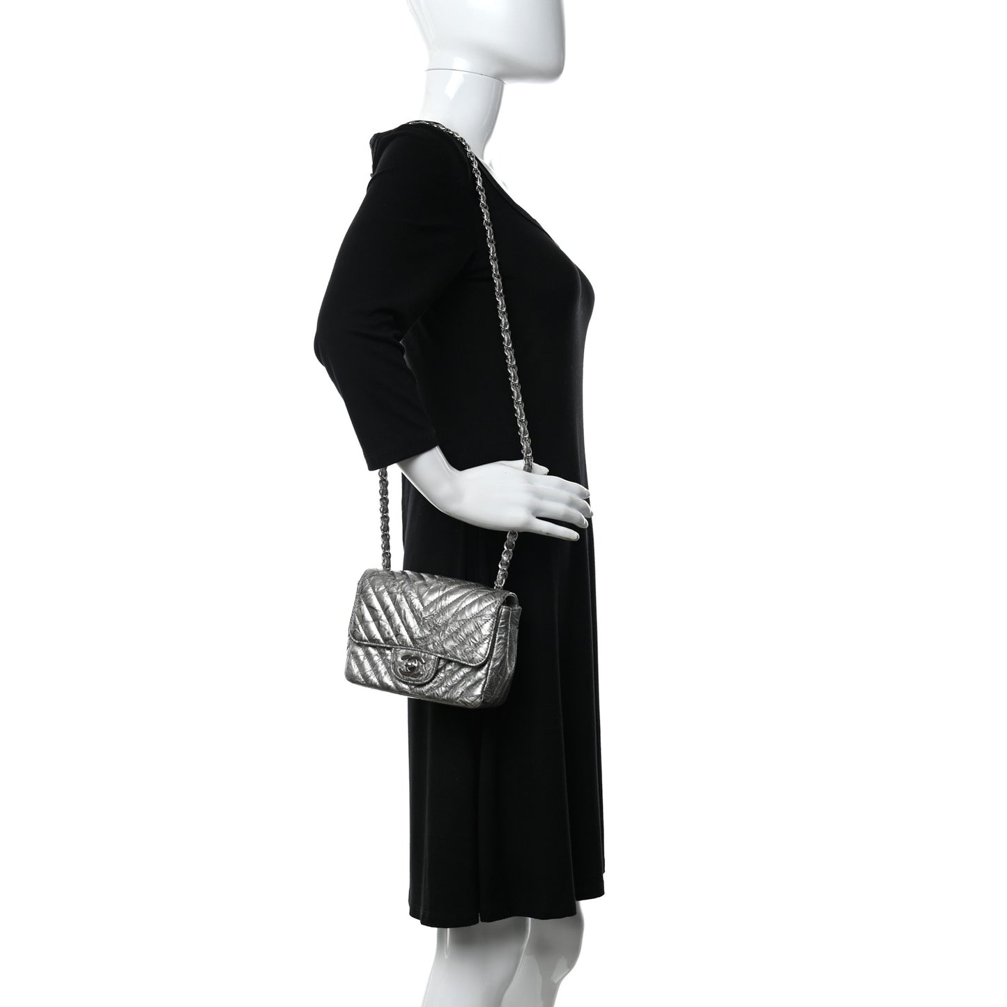 Metallic Patent Crumpled Calfskin Chevron Quilted Mini Square Flap Silver