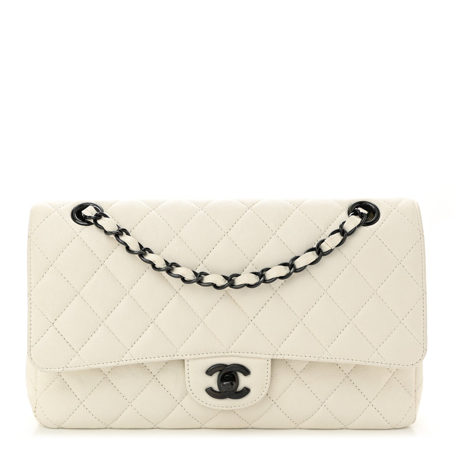 Crumpled Calfskin Quilted Medium Double Flap White
