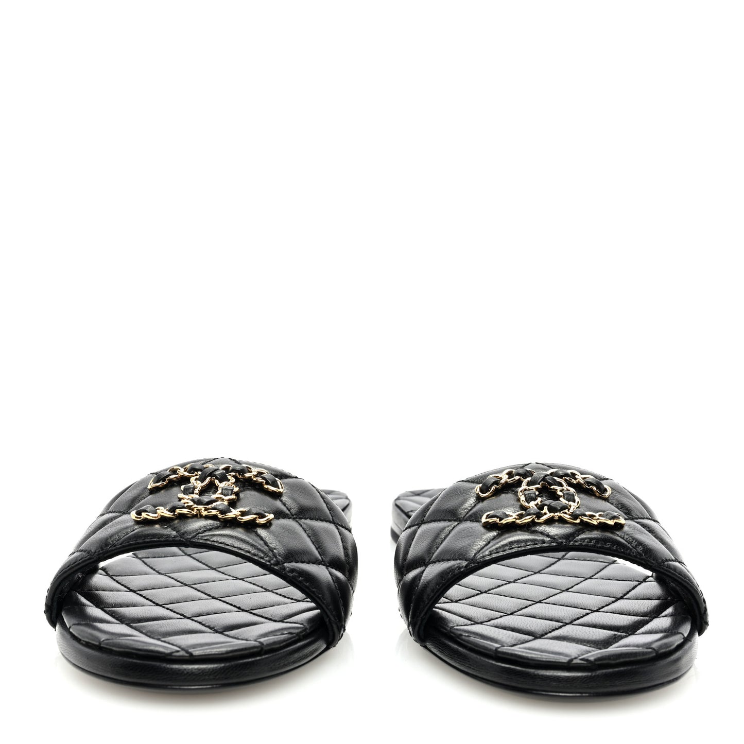 Shiny Goatskin Quilted CC Mules Sandals 39 Black