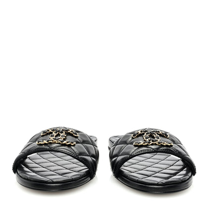 Chanel Shiny Goatskin Quilted CC Mules Sandals 39 Black 3 of 8