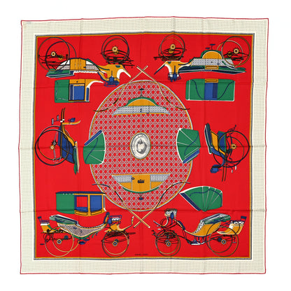 Hermes Cashmere Silk Les Voitures A Transformation Shawl 140 Rouge Vert Safran 1 of 6