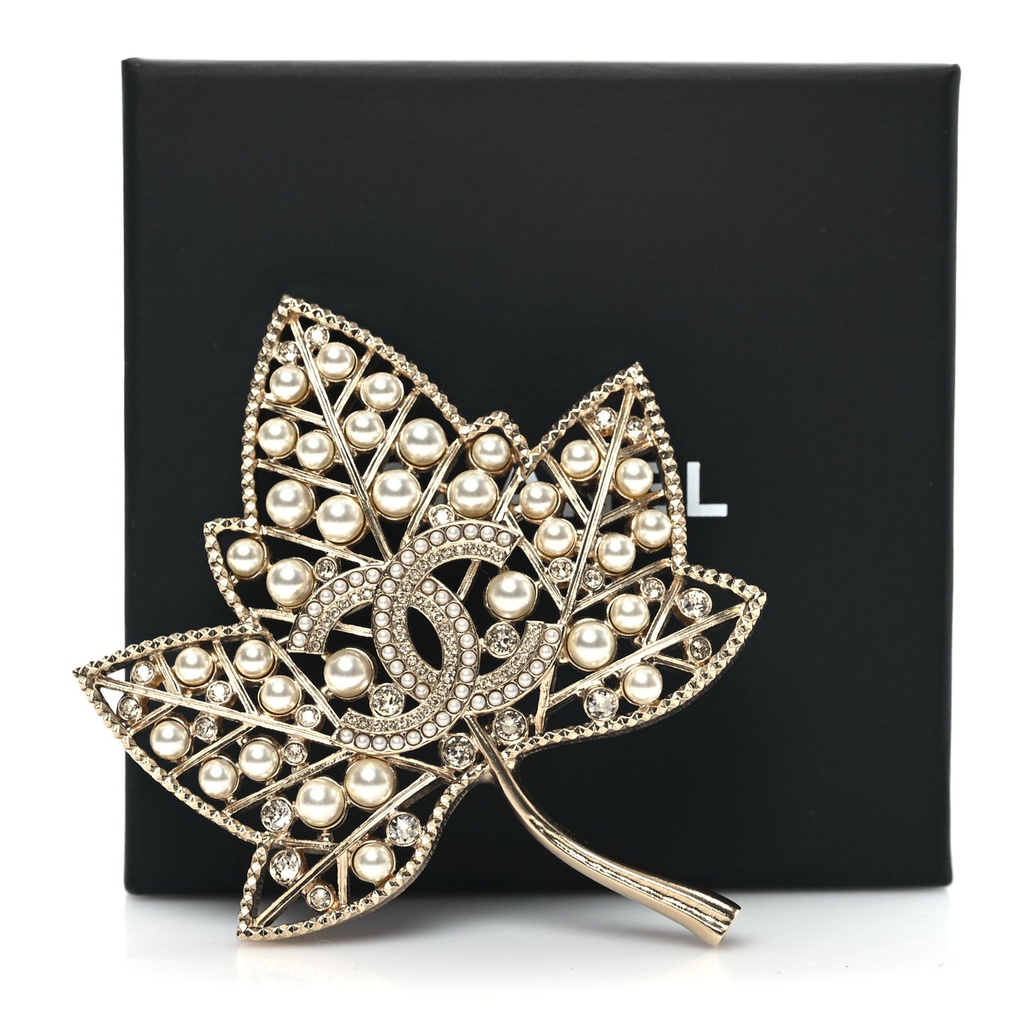 Pearl Crystal CC Leaf Brooch Gold