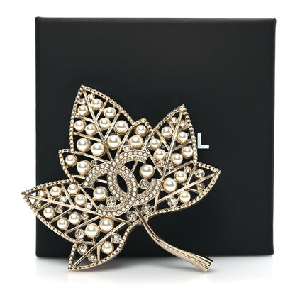 Chanel Pearl Crystal CC Leaf Brooch Gold 4 of 4