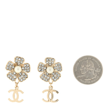 Chanel Metal Pearl Crystal CC Flower Drop Earrings Gold White 2 of 4