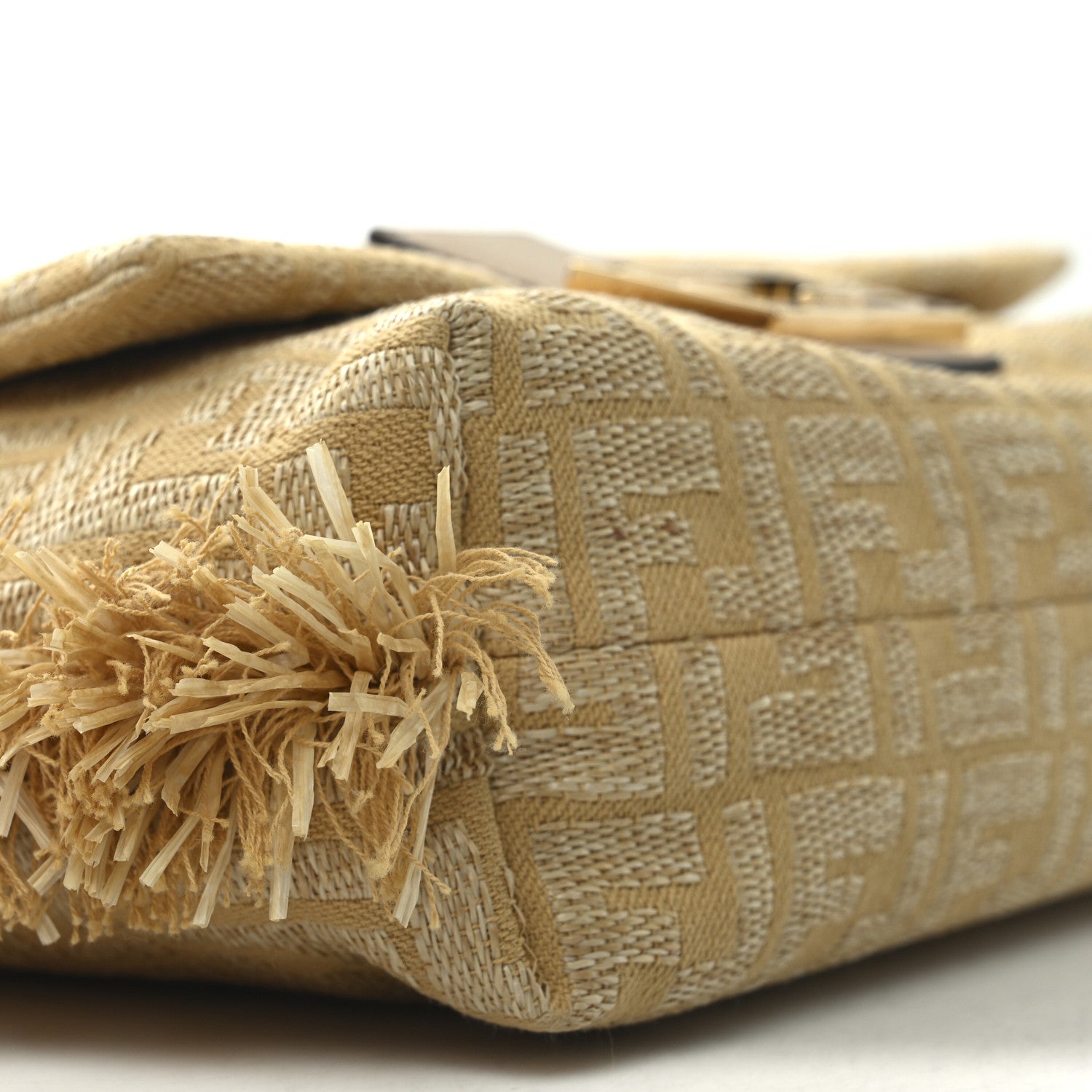 Fendi Fabric Jacquard Raffia Straw Fringe Medium Mamma Baguette Beige 9 of 10
