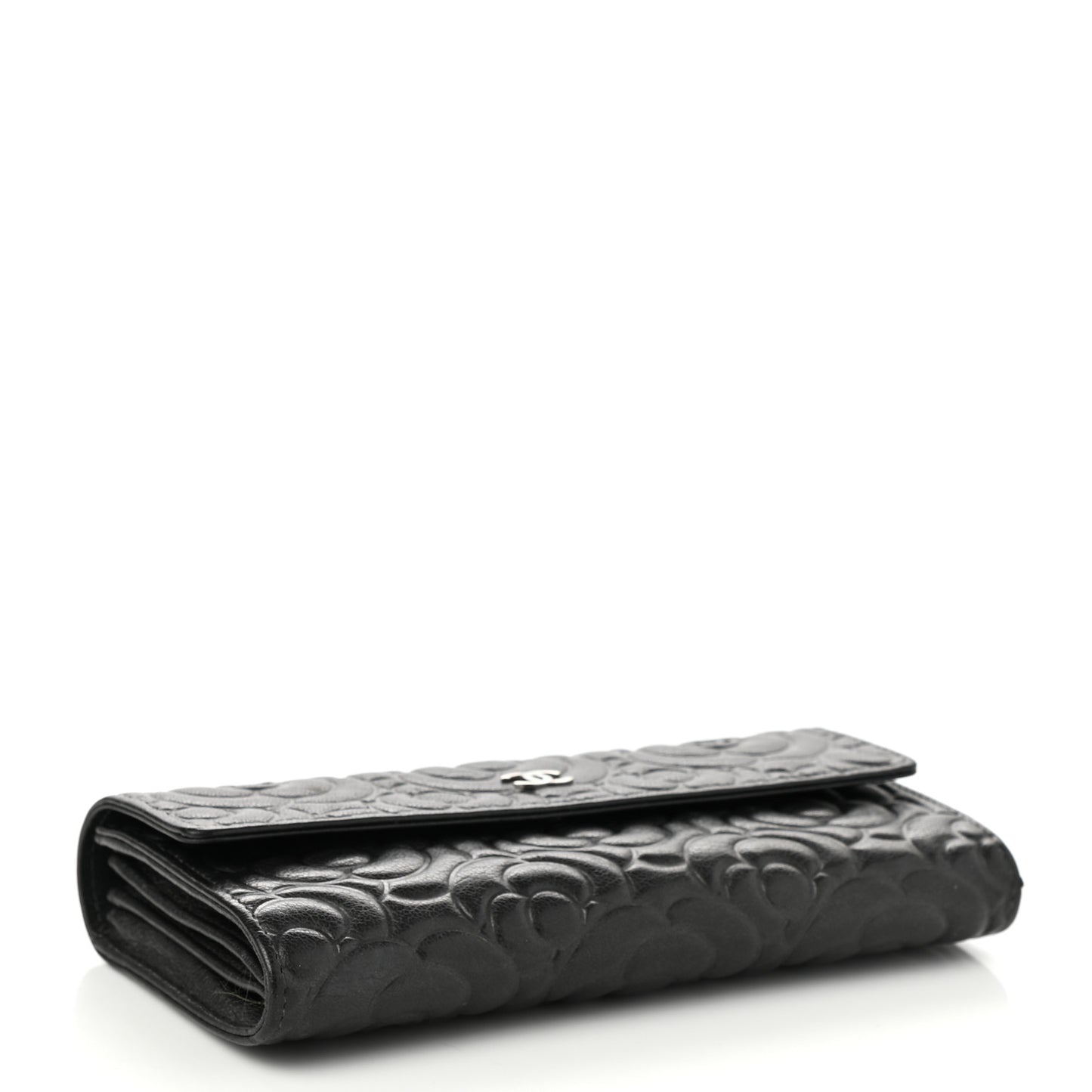 Goatskin Embossed Camellia Large Gusset Flap Wallet Black