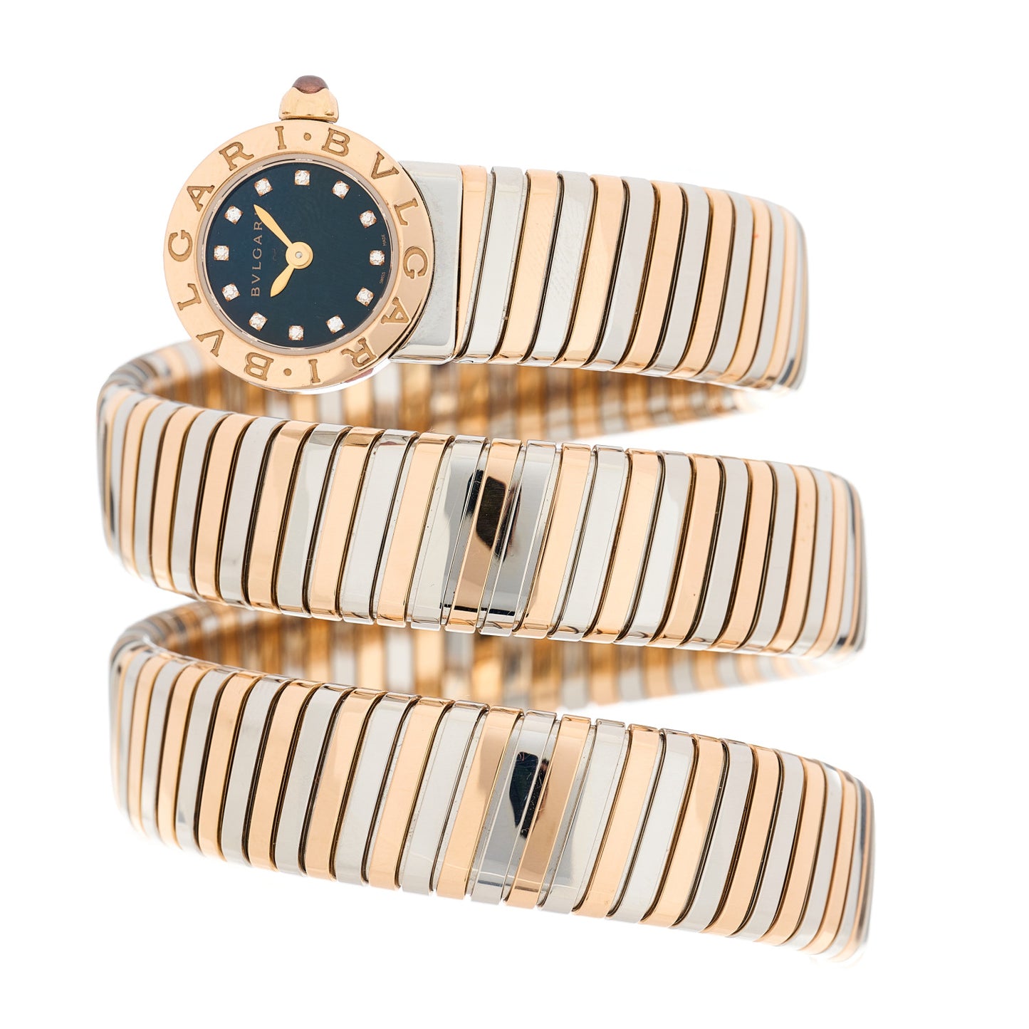 Stainless Steel 18K Rose Gold Diamond 19mm Serpenti Tubogas Double Spiral Quartz Watch Black