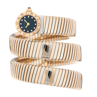 Bulgari Stainless Steel 18K Rose Gold Diamond 19mm Serpenti Tubogas Double Spiral Quartz Watch Black 2 of 5