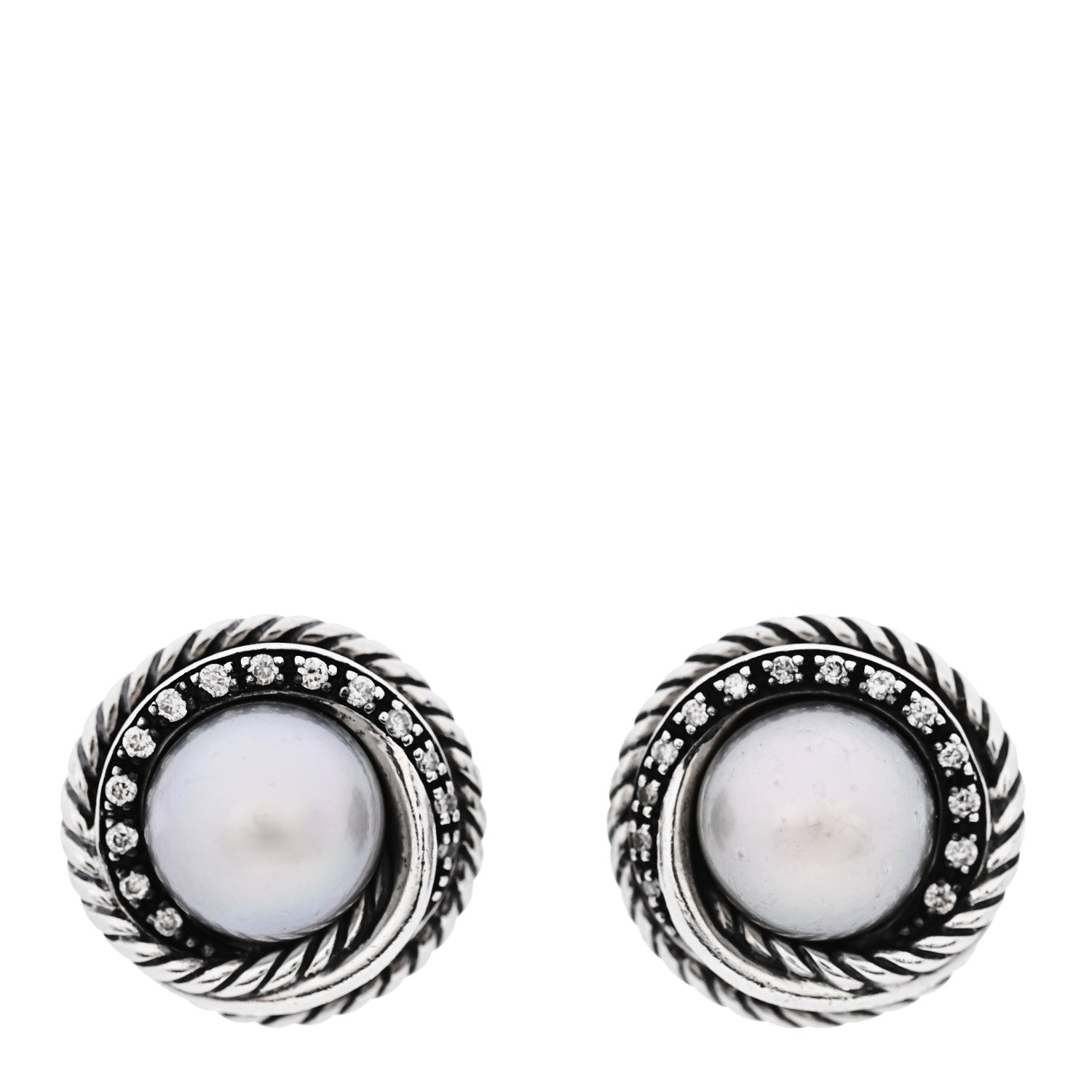 David Yurman Sterling Silver Diamond Freshwater Pearl Crossover Earrings 1 of 5