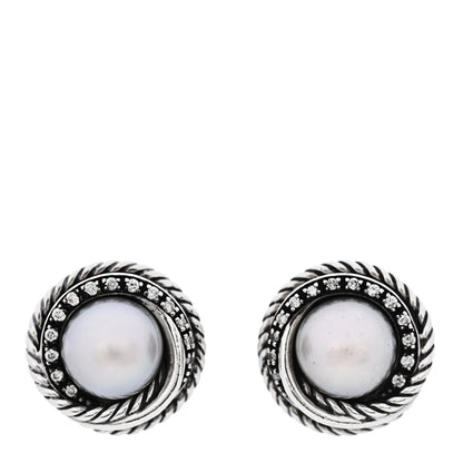 David Yurman Sterling Silver Diamond Freshwater Pearl Crossover Earrings 1 of 5