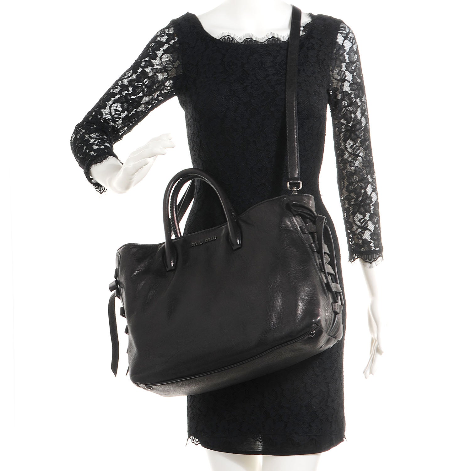 Miu Miu Nappa Monk Leather Bow Double Handle Satchel Nero Black 2 of 10