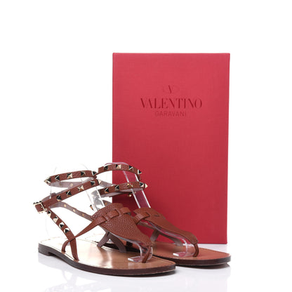 Valentino Garavani Pebbled Calfskin Rockstud Ankle Wrap Flat Thong Sandals 39 Bright Cognac 13 of 13