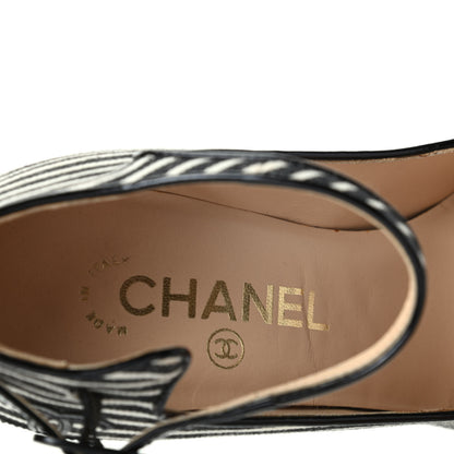 Chanel Fabric Striped Patent Cap Toe Ankle Strap Pumps 37.5 Black White 8 of 11