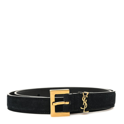 Saint Laurent Suede Calfskin Monogram Square Buckle Belt 70 28 Black 1 of 6