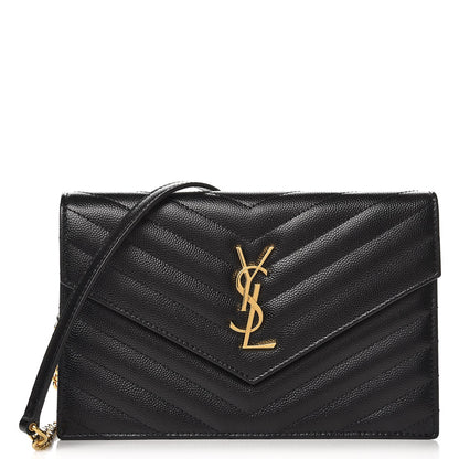 Saint Laurent Grain De Poudre Matelasse Chevron Monogram Envelope Chain Wallet Black 1 of 8