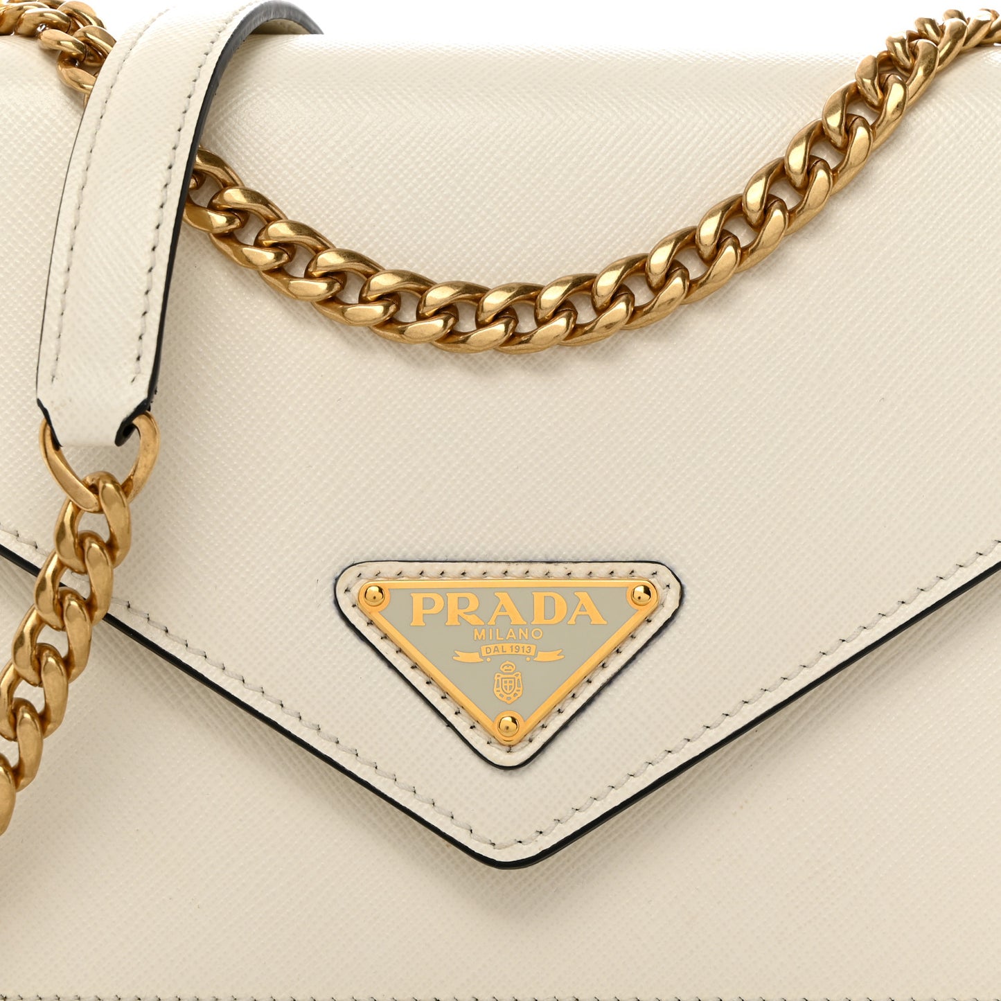 Saffiano Soft Calfskin Metal Triangle Logo Envelope Chain Shoulder Bag White