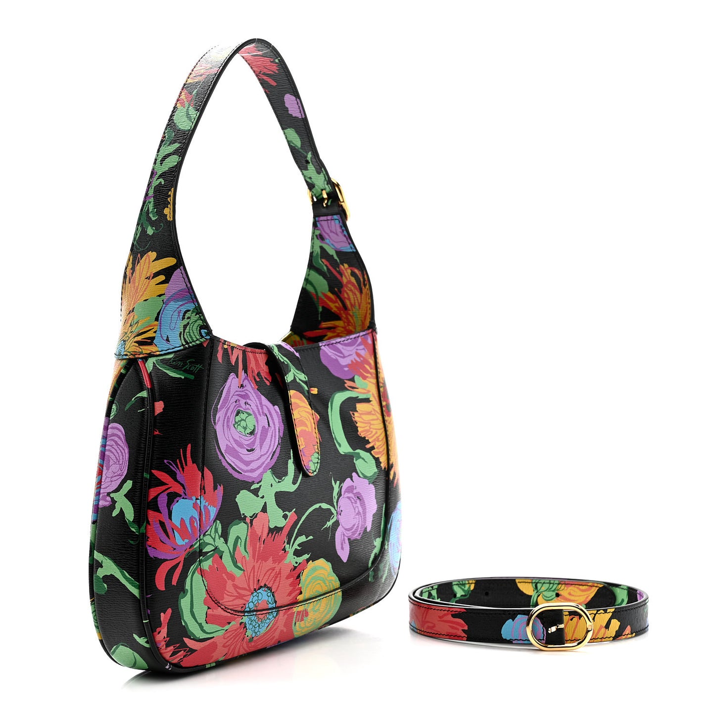 X KEN SCOTT New Shangai Calfskin Jenny Floral Print Small Jackie 1961 Hobo Black Pink