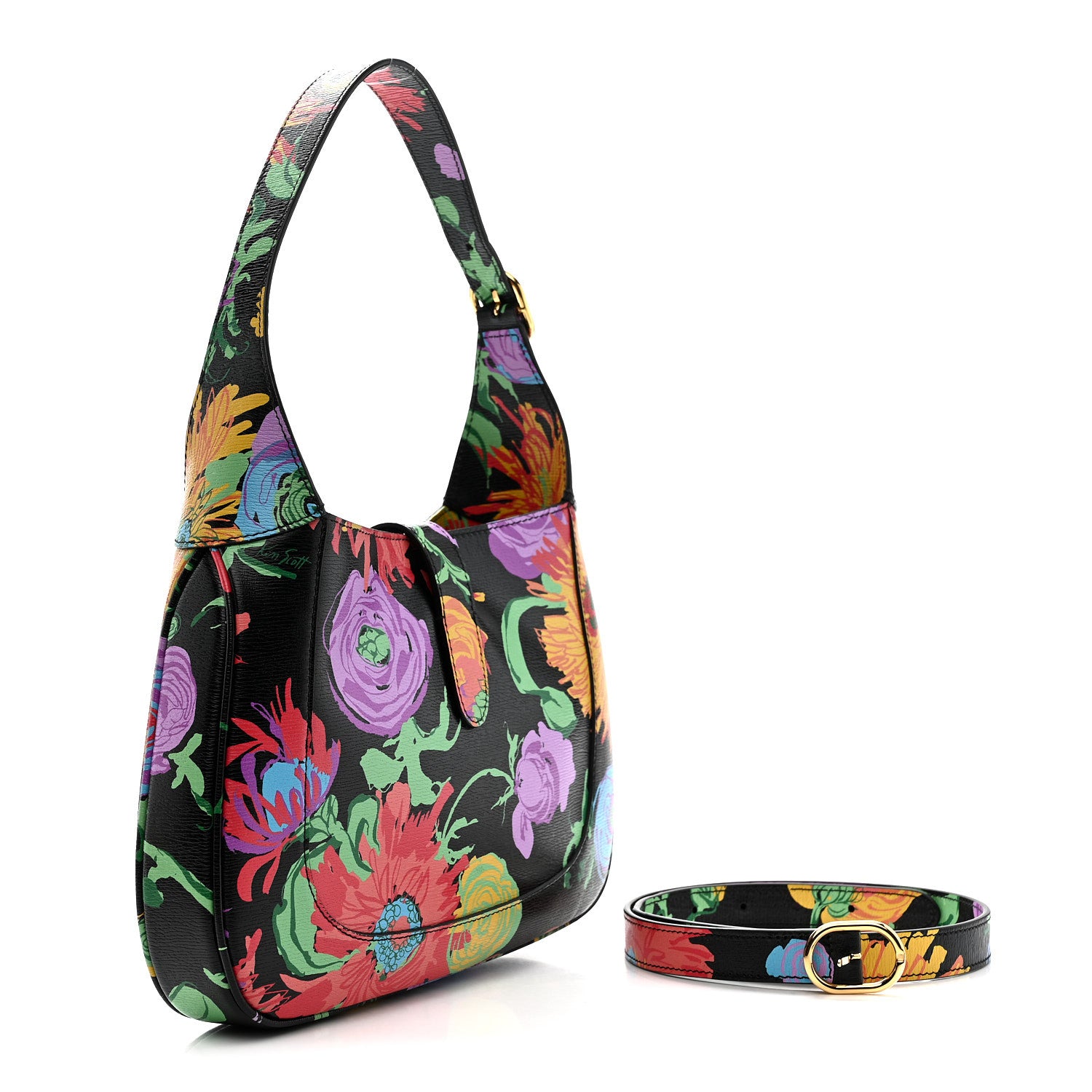 Gucci X KEN SCOTT New Shangai Calfskin Jenny Floral Print Small Jackie 1961 Hobo Black Pink 3 of 10