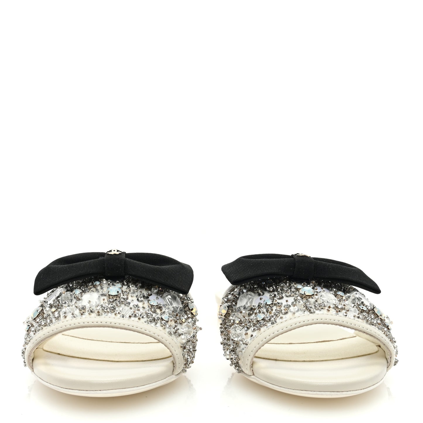 Lambskin Crystal Embellished Grosgrain CC Bow Mules 37 Black