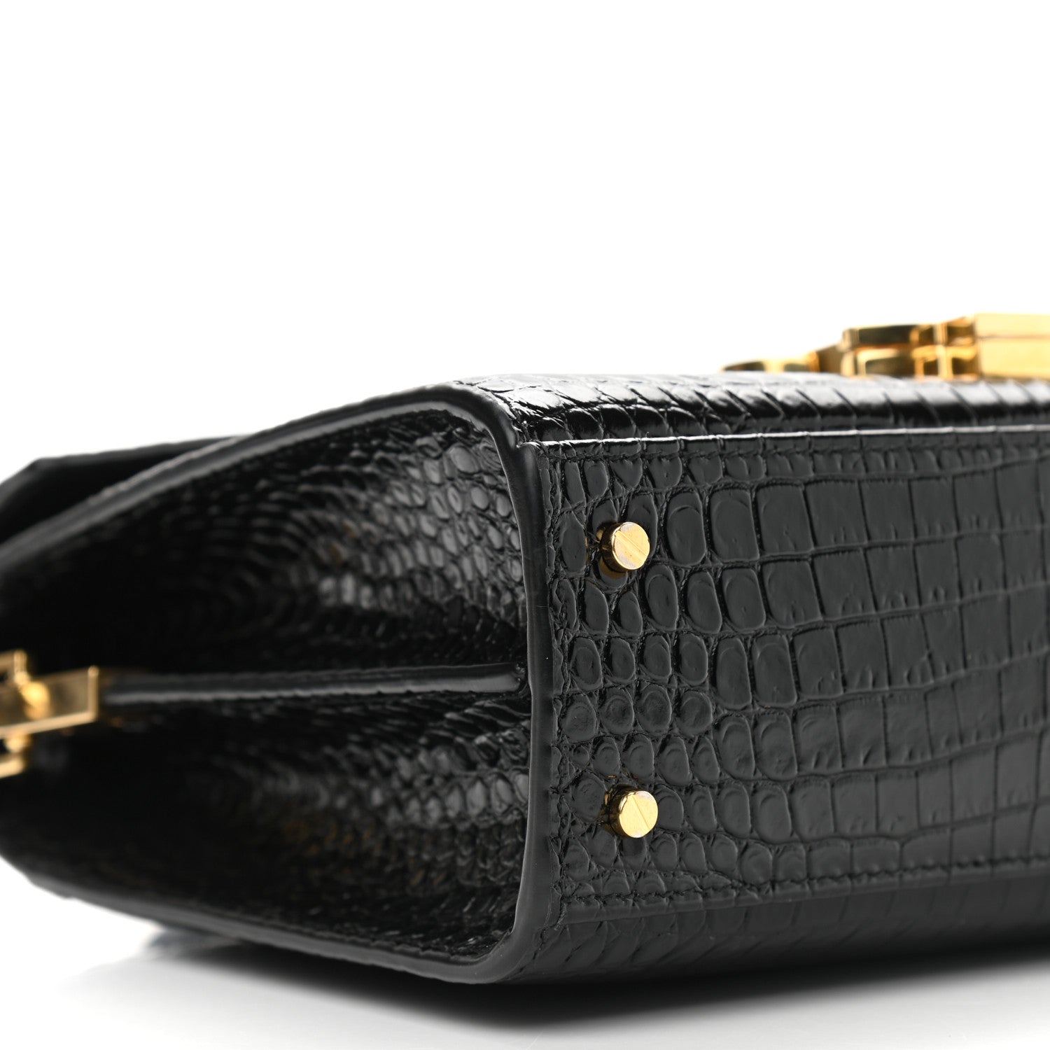 Saint Laurent Calfskin Crocodile Embossed Mini Classic Monogram Cassandra Top Handle Black 6 of 7