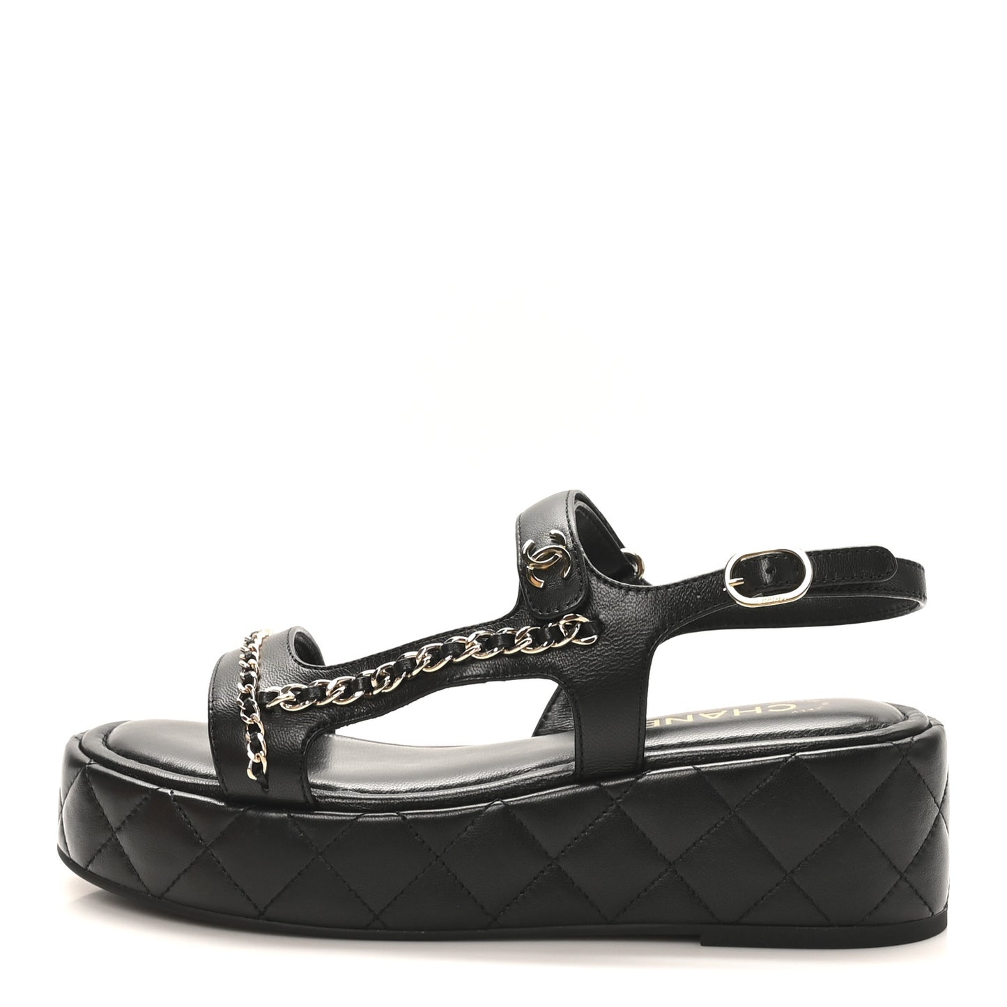 Lambskin Quilted Chain CC Platform Sandals 39.5 Black