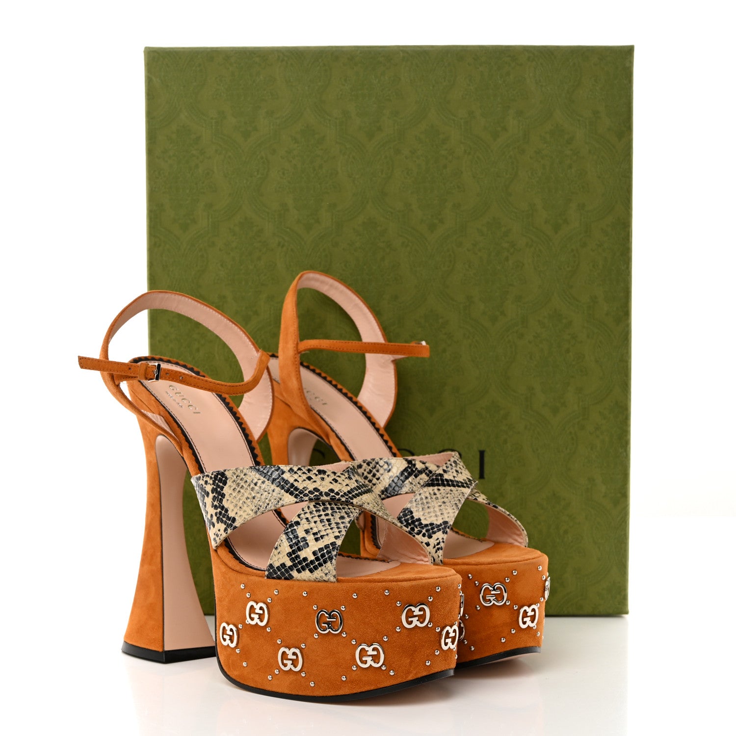 Gucci Malaga Kid Suede Snakeskin Interlocking G Studs 155mm Platform Sandals 40.5 Beige Cognac 8 of 8