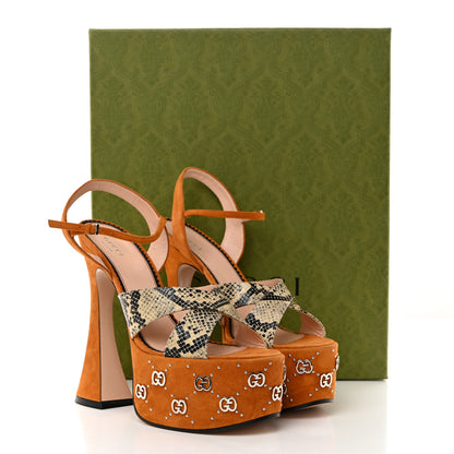 Gucci Malaga Kid Suede Snakeskin Interlocking G Studs 155mm Platform Sandals 40.5 Beige Cognac 8 of 8