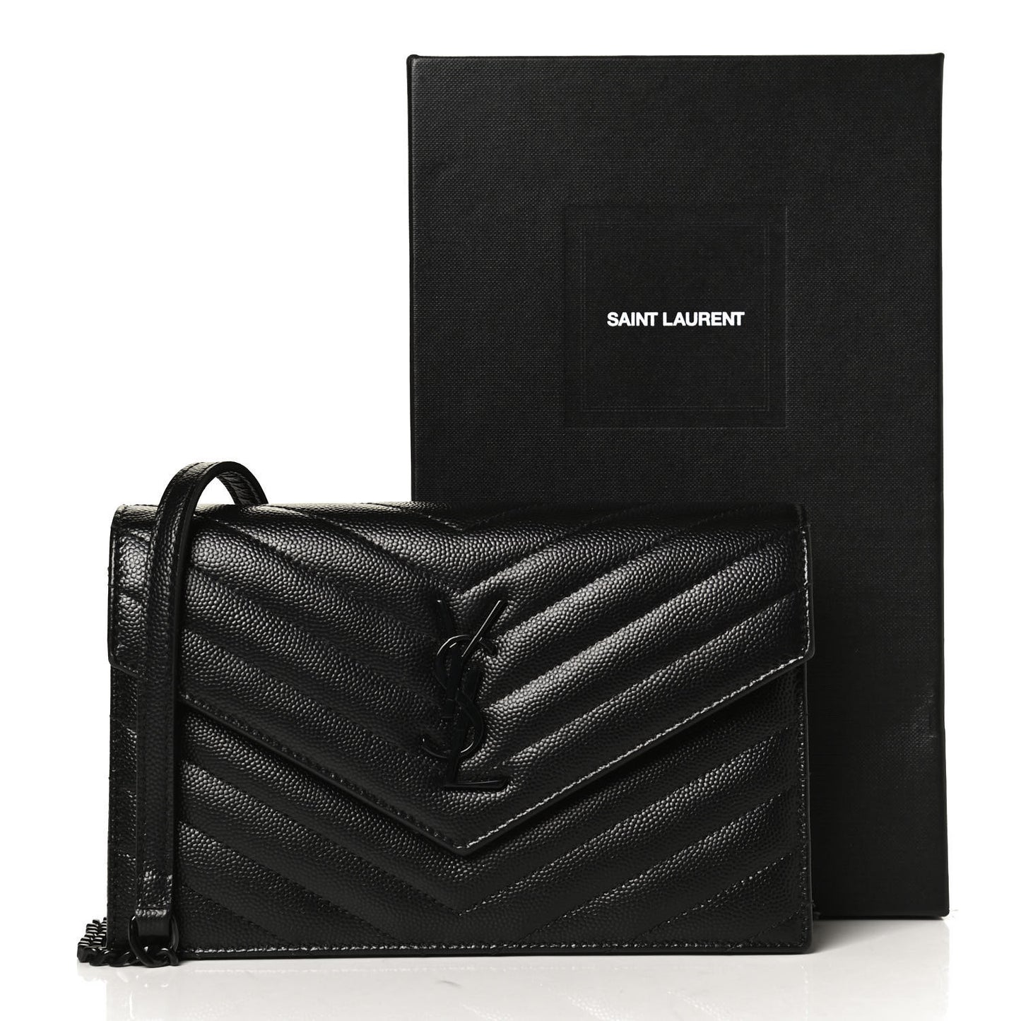 Grain De Poudre Matelasse Chevron Monogram Monochrome Envelope Chain Wallet Black