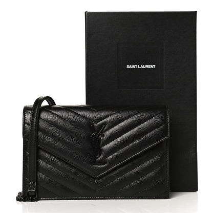 Saint Laurent Grain De Poudre Matelasse Chevron Monogram Monochrome Envelope Chain Wallet Black 10 of 12