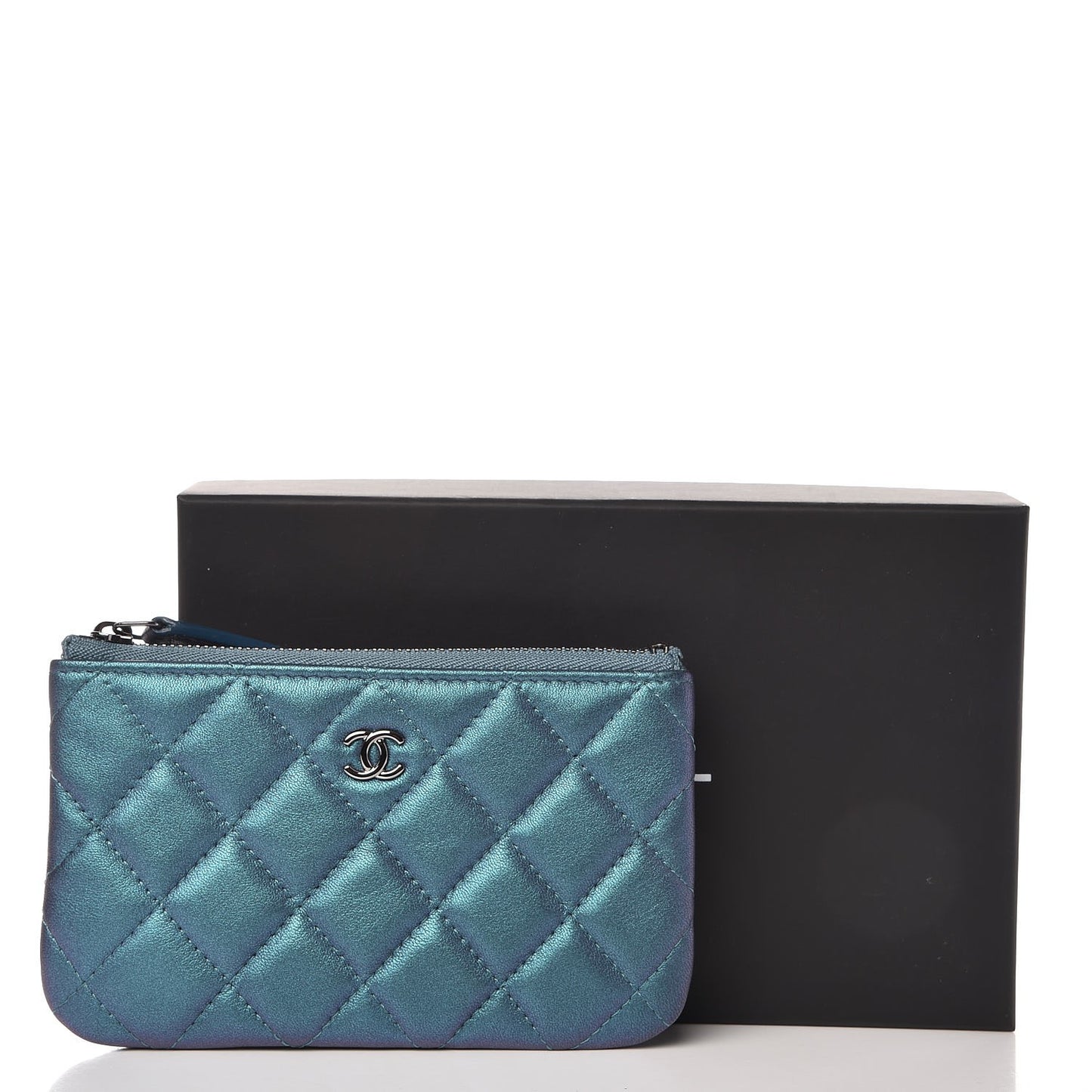 Iridescent Lambskin Quilted Small Cosmetic Case Turquoise